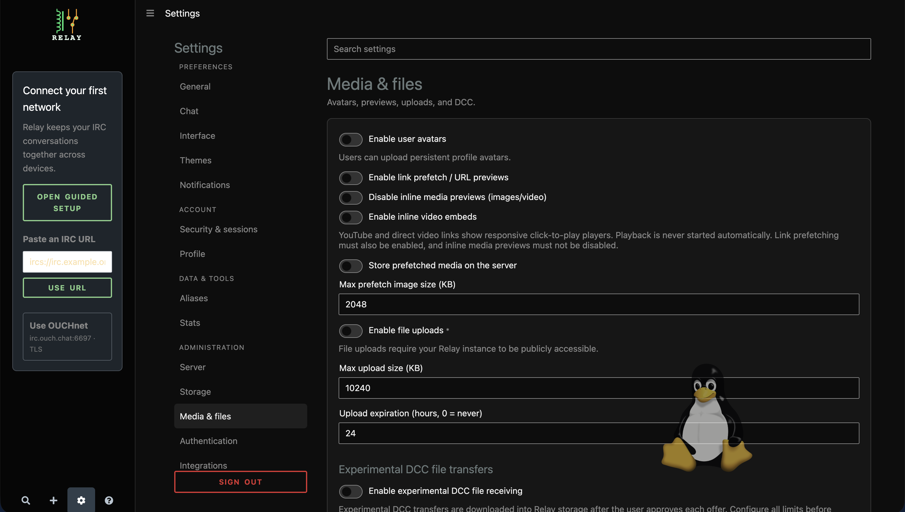 Relay Media and files administration settings.