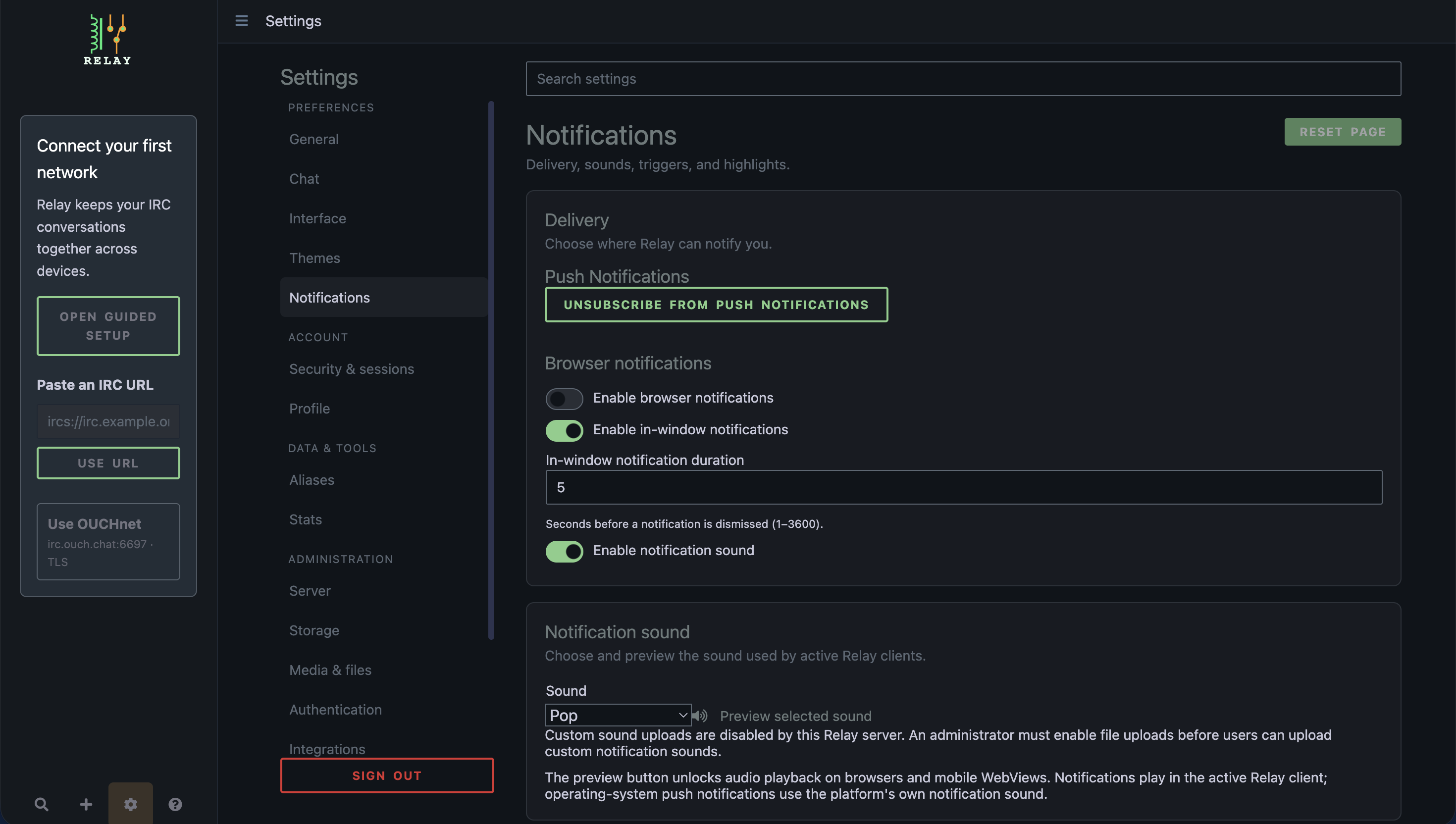 Relay Notifications settings showing push, browser, and per-message alert controls.